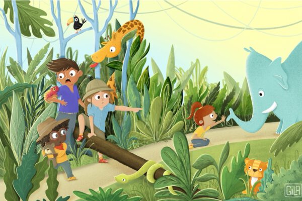 Jungle scene with animals and kids